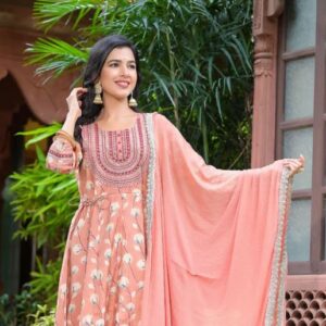 Party wear Yoke design salmon pink Anarkali Kurta set with Pants & Dupatta | 3/4th sleeves | Muslin Kurta | Salmon Pink